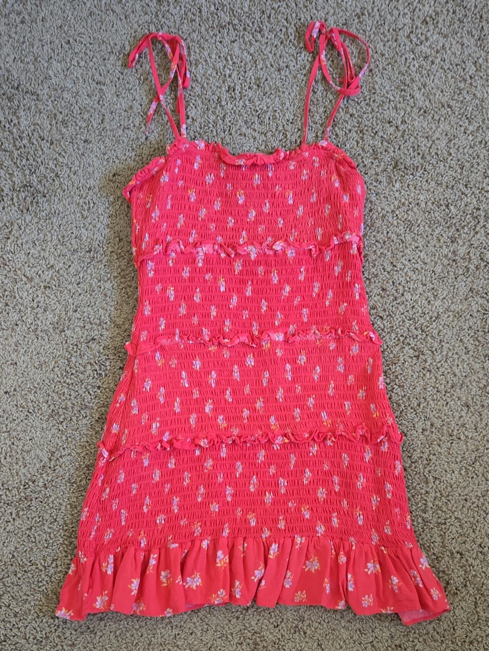 American Eagle Coral Pink Floral Smocked Tie-Strap Sundress
